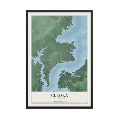 Map of Cleora, Oklahoma, 12 x 18 inch print in a black wood frame