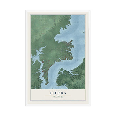Map of Cleora, Oklahoma, 12 x 18 inch print in a white wood frame