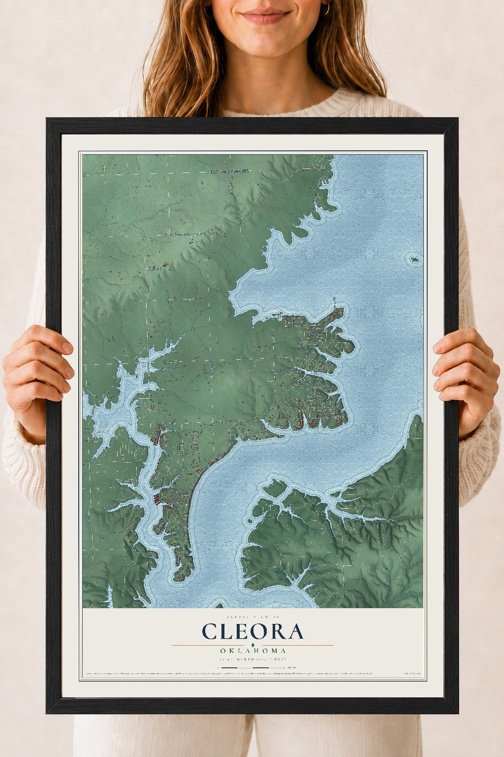 Map of Cleora, Oklahoma, 18 x 24 inch print in a black wood frame