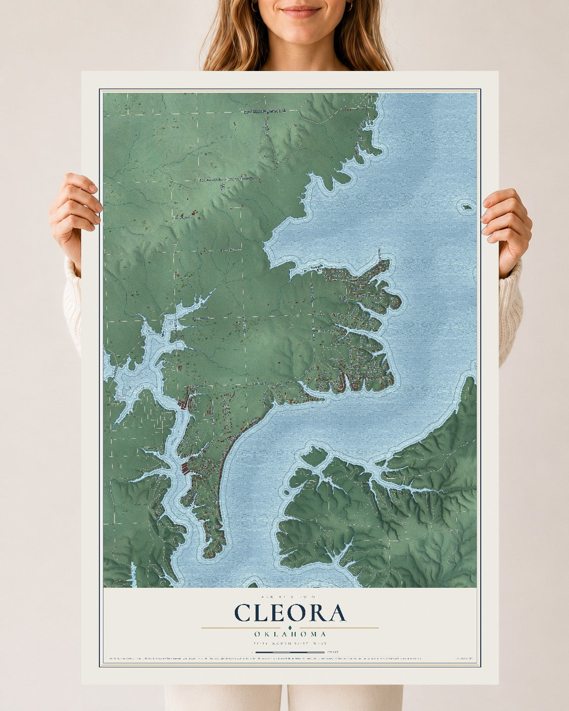 Map of Cleora, Oklahoma, 24 x 36 inch unframed archival matte print