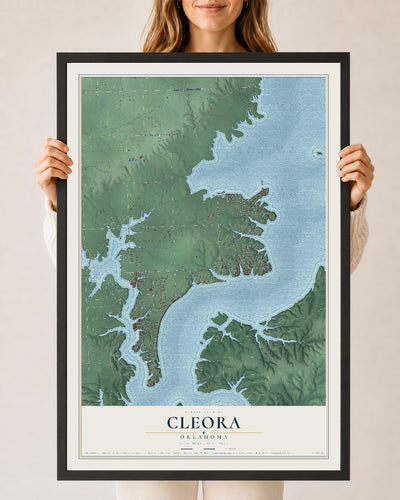 Map of Cleora, Oklahoma, 24 x 36 inch print in a black wood frame