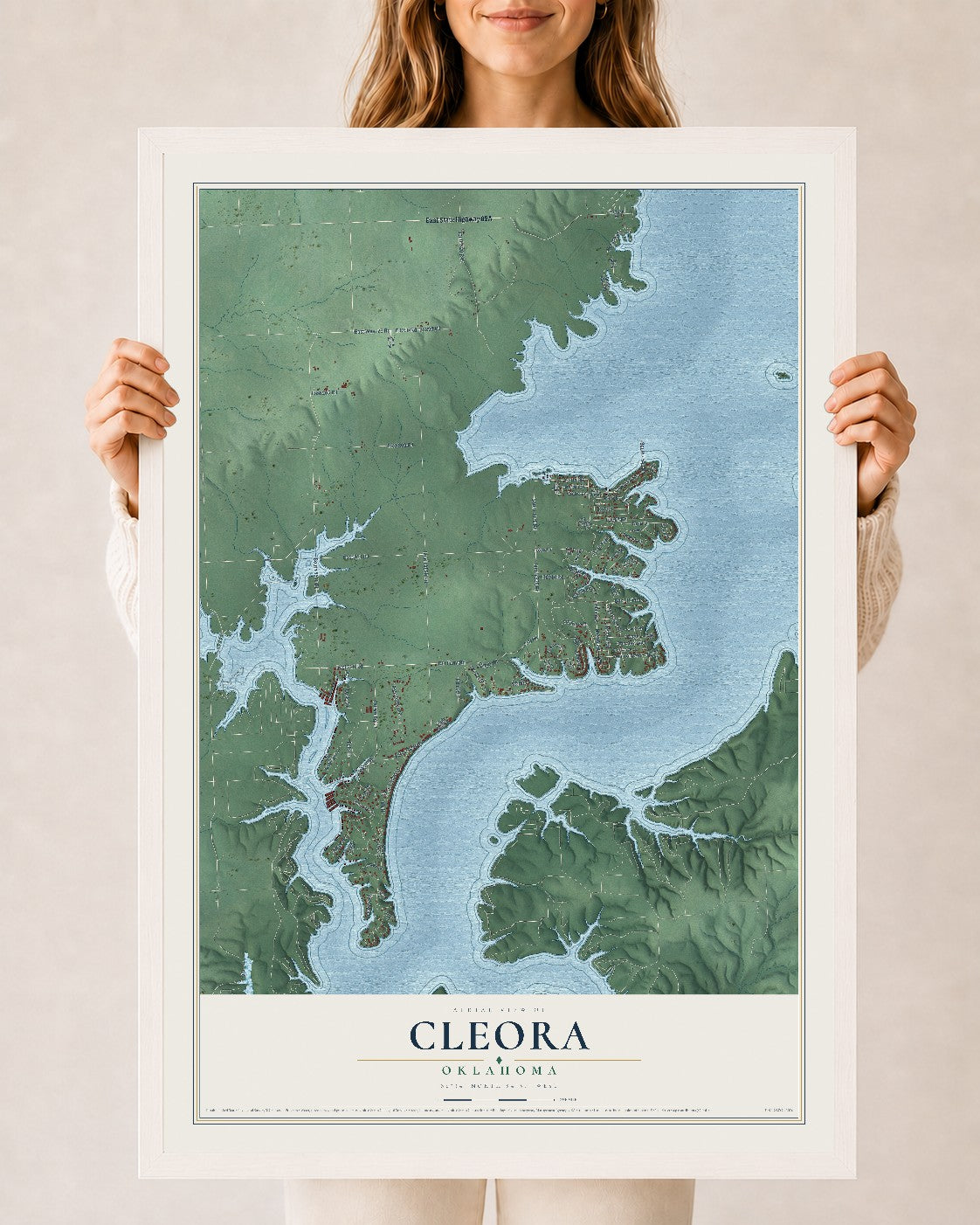 Map of Cleora, Oklahoma, 24 x 36 inch print in a white wood frame