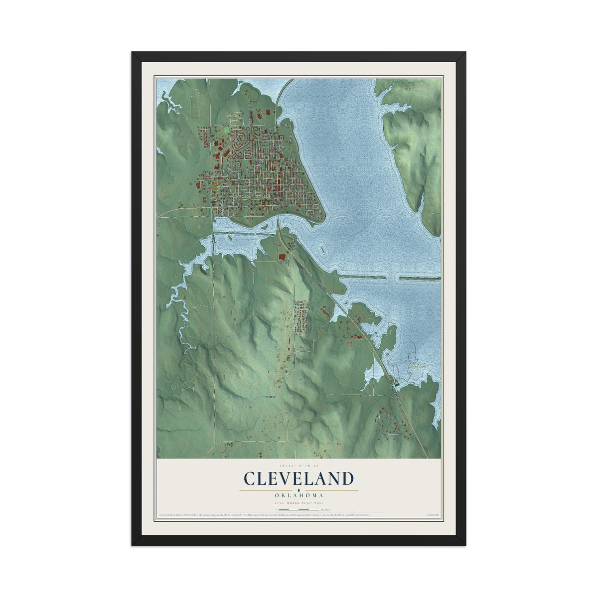 Map of Cleveland, Oklahoma, 12 x 18 inch print in a black wood frame