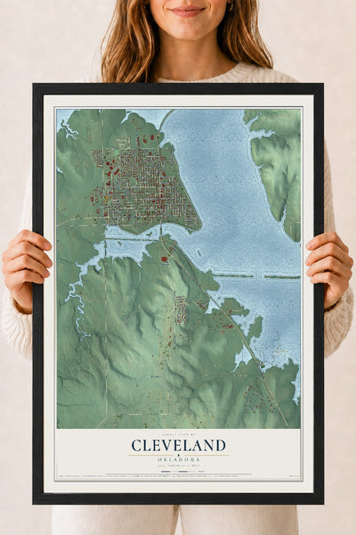 Map of Cleveland, Oklahoma, 18 x 24 inch print in a black wood frame