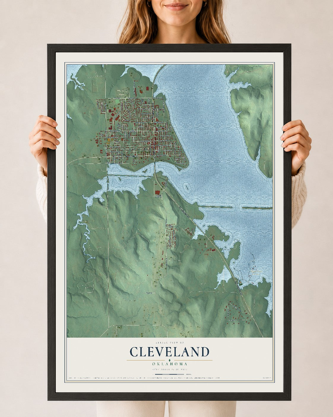 Map of Cleveland, Oklahoma, 24 x 36 inch print in a black wood frame