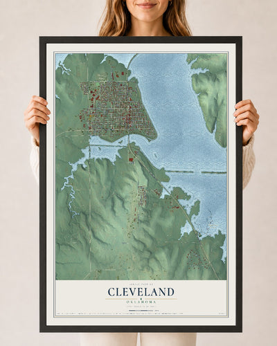 Map of Cleveland, Oklahoma, 24 x 36 inch print in a black wood frame