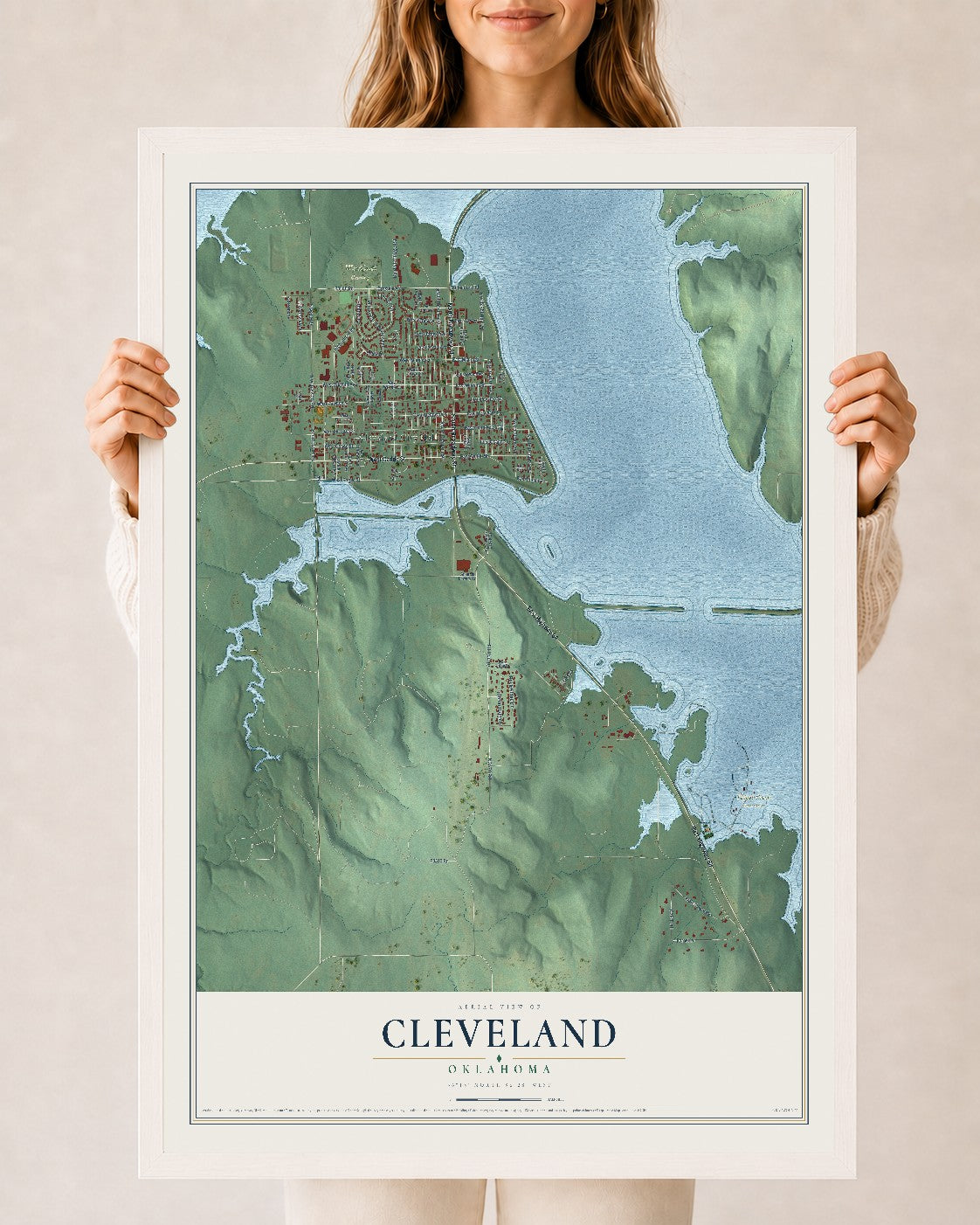 Map of Cleveland, Oklahoma, 24 x 36 inch print in a white wood frame
