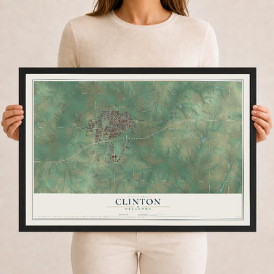 Map of Clinton, Oklahoma, 12 x 18 inch print in a black wood frame