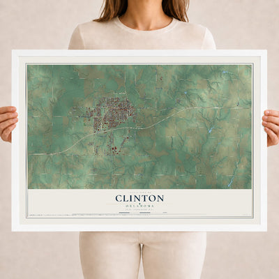 Map of Clinton, Oklahoma, 18 x 24 inch print in a white wood frame