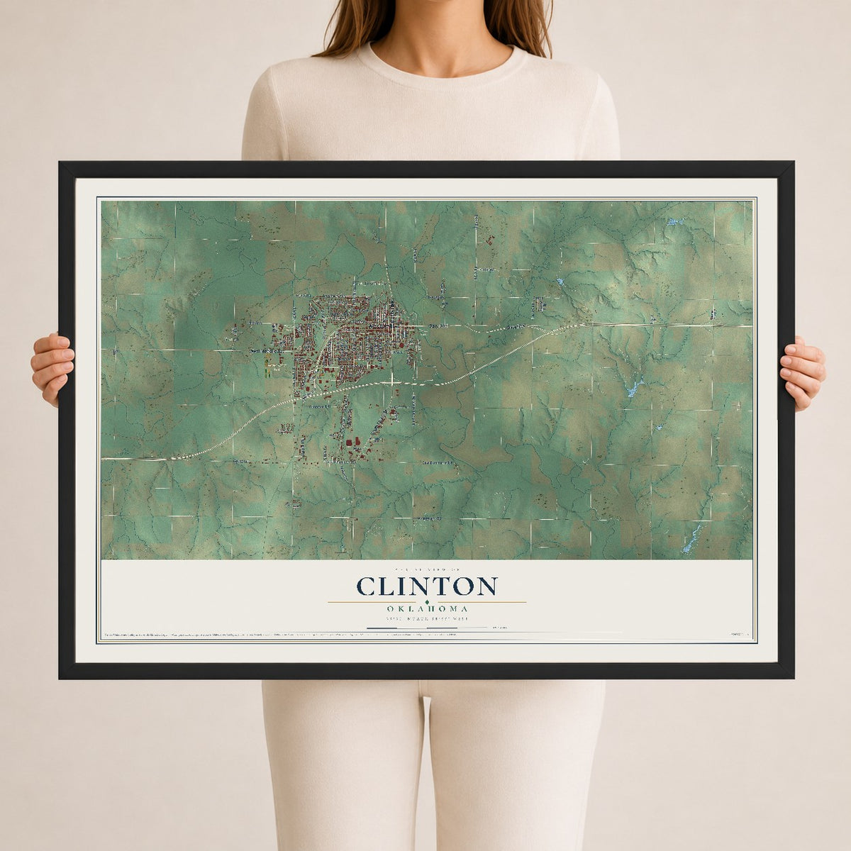 Map of Clinton, Oklahoma, 24 x 36 inch print in a black wood frame
