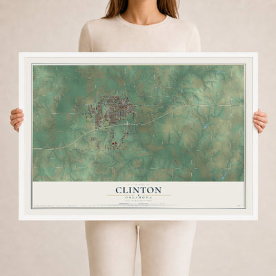 Map of Clinton, Oklahoma, 24 x 36 inch print in a white wood frame