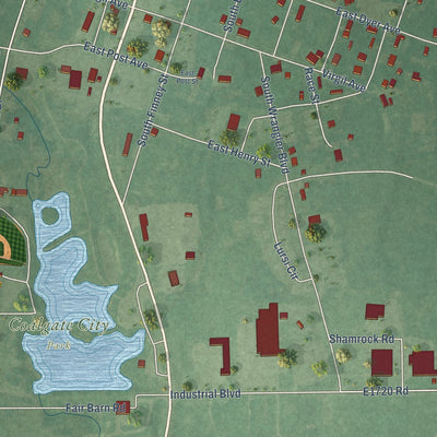 Second close-up of the map of Coalgate, Oklahoma print showing more streets and buildings