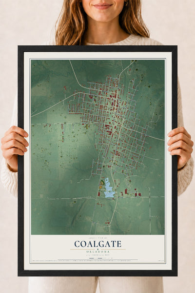Map of Coalgate, Oklahoma, 18 x 24 inch print in a black wood frame