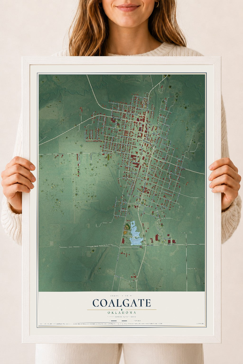 Map of Coalgate, Oklahoma, 18 x 24 inch print in a white wood frame