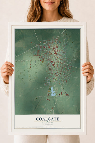 Map of Coalgate, Oklahoma, 18 x 24 inch print in a white wood frame