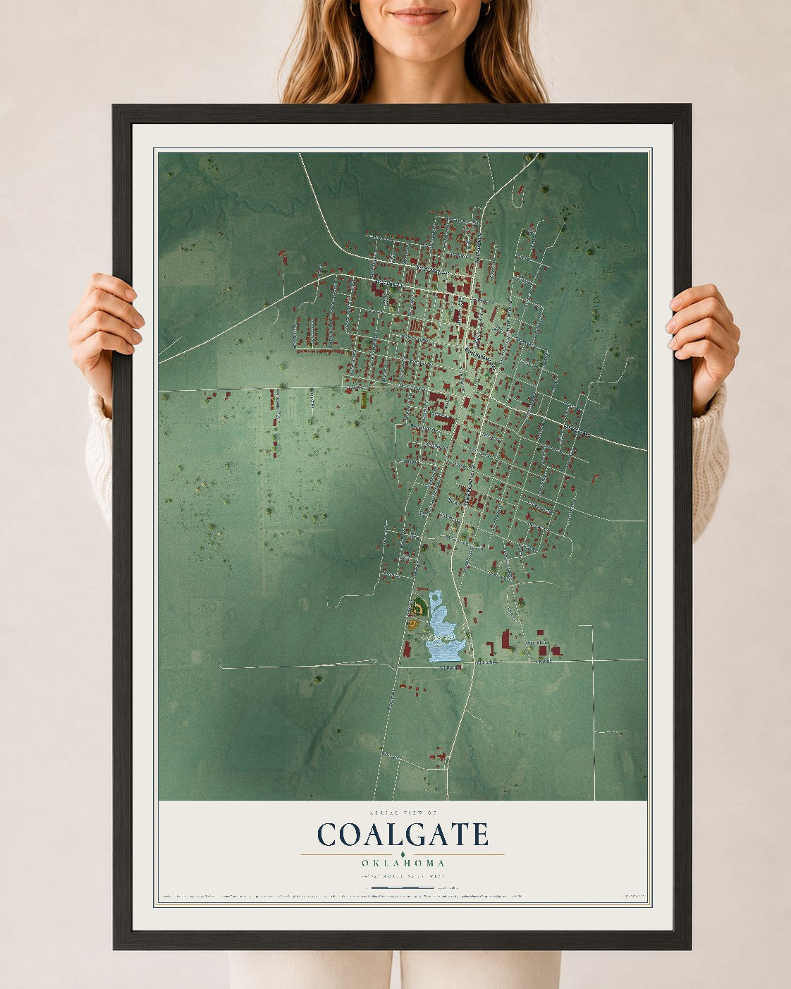 Map of Coalgate, Oklahoma, 24 x 36 inch print in a black wood frame