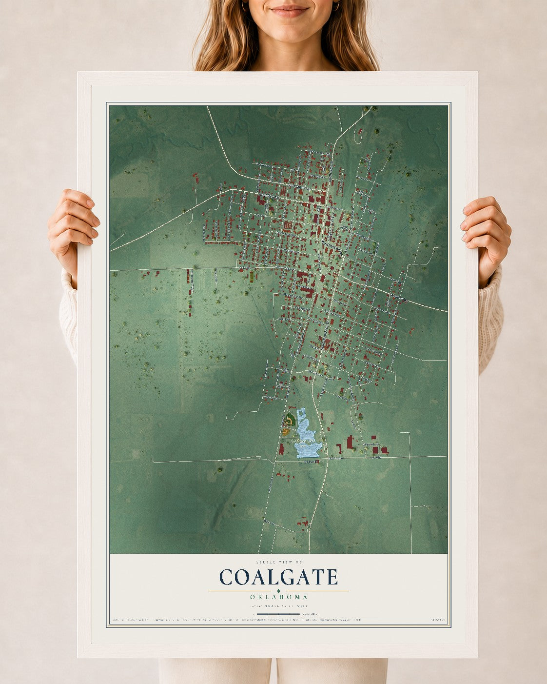 Map of Coalgate, Oklahoma, 24 x 36 inch print in a white wood frame
