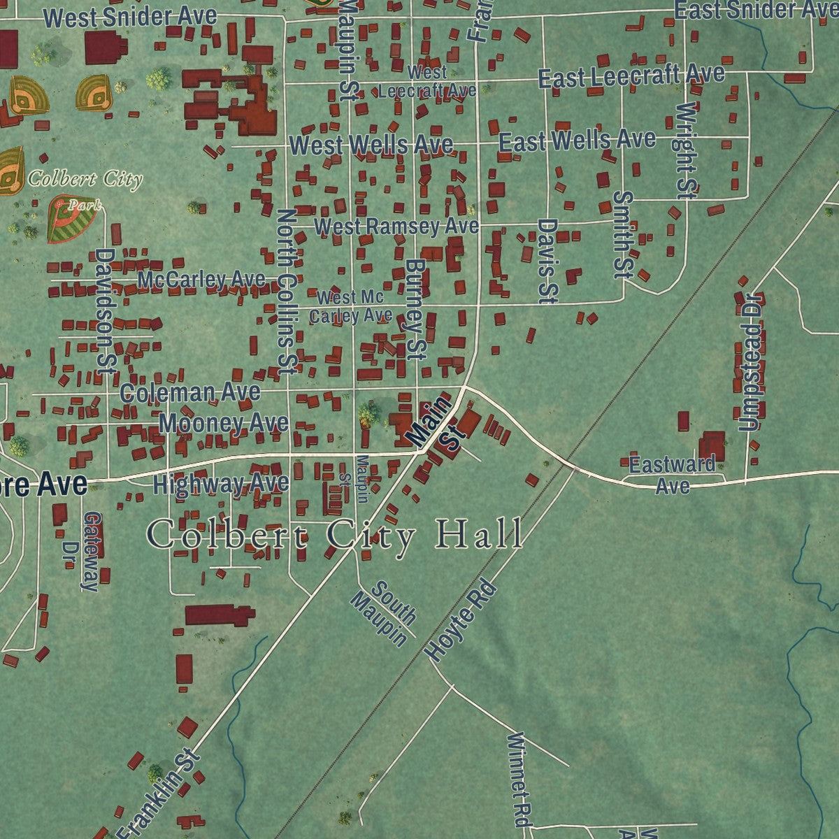 Close-up of the map of Colbert, Oklahoma print showing street and building detail