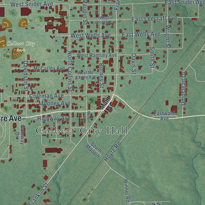 Close-up of the map of Colbert, Oklahoma print showing street and building detail
