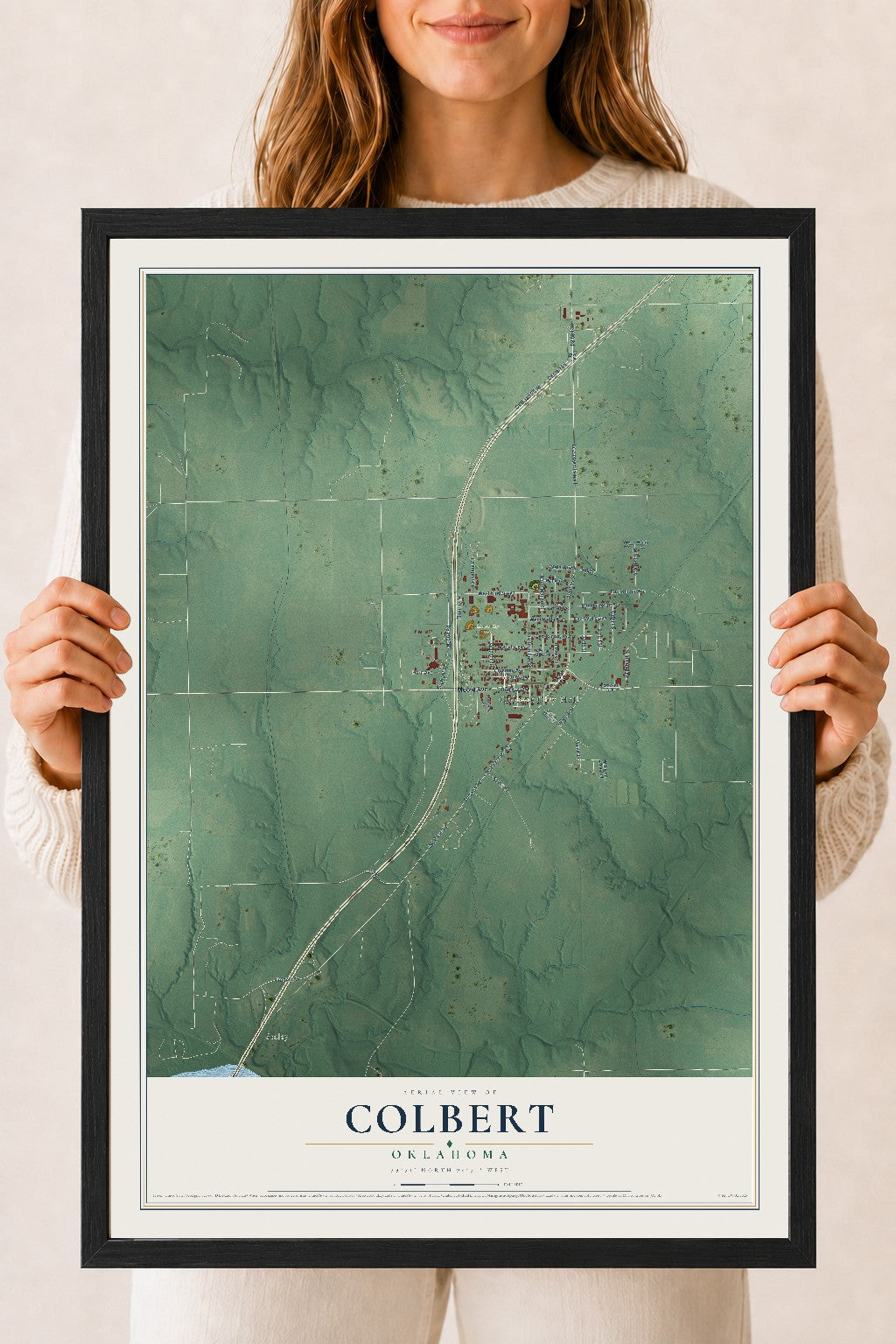 Map of Colbert, Oklahoma, 18 x 24 inch print in a black wood frame