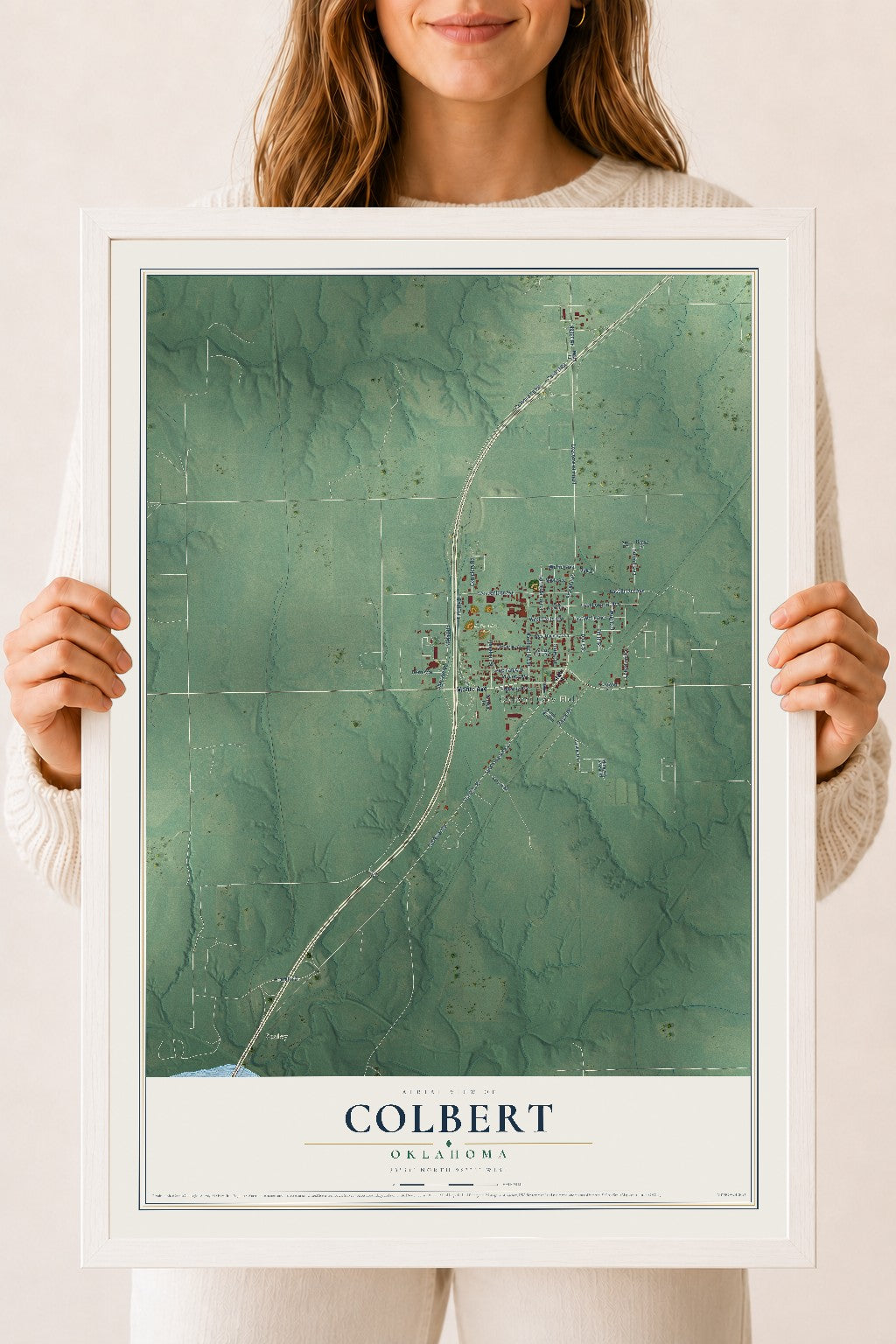 Map of Colbert, Oklahoma, 18 x 24 inch print in a white wood frame