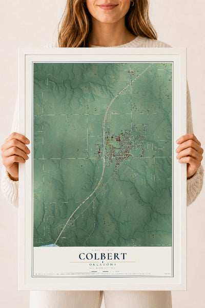 Map of Colbert, Oklahoma, 18 x 24 inch print in a white wood frame