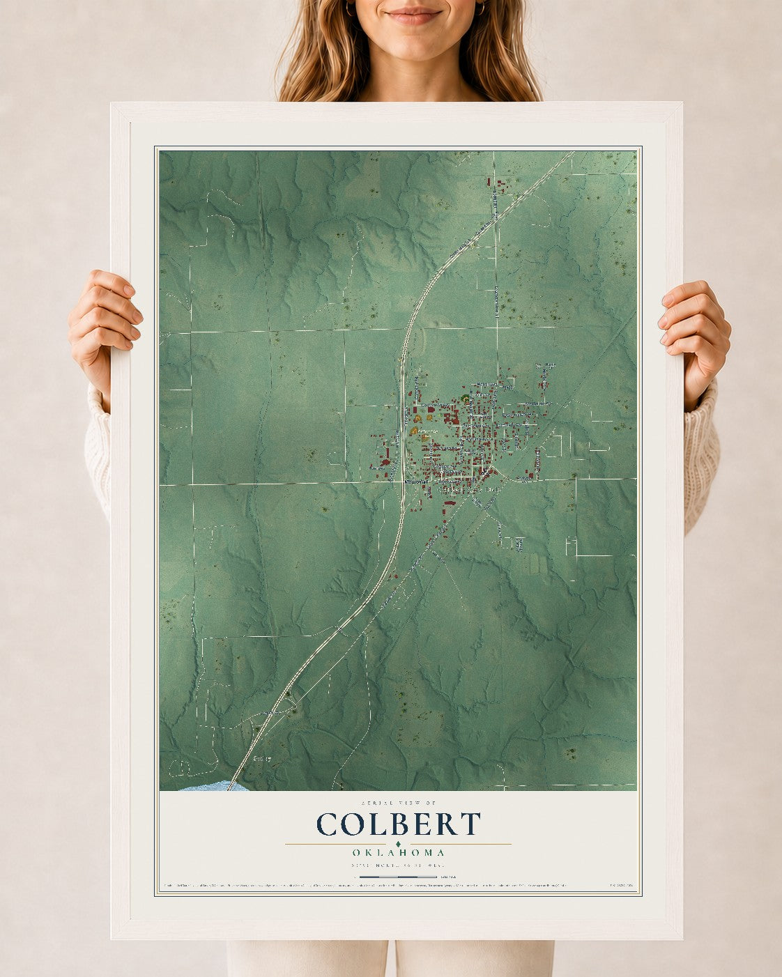 Map of Colbert, Oklahoma, 24 x 36 inch print in a white wood frame