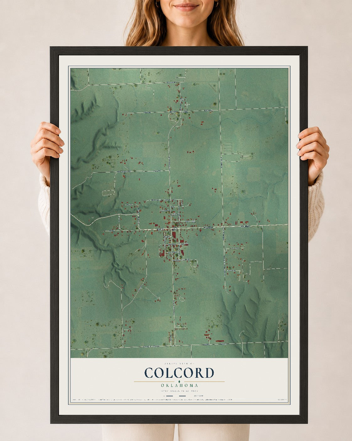 Map of Colcord, Oklahoma, 24 x 36 inch print in a black wood frame