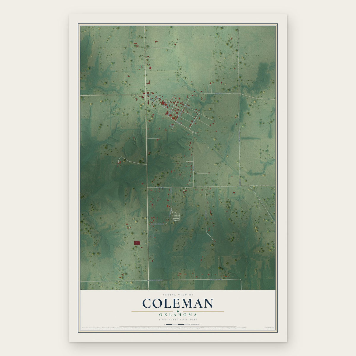 Coleman, Oklahoma map print, the full design