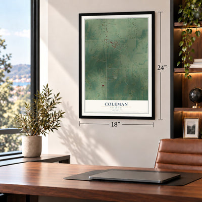 Coleman, Oklahoma map, 18 x 24 inch print in a black frame in a home office