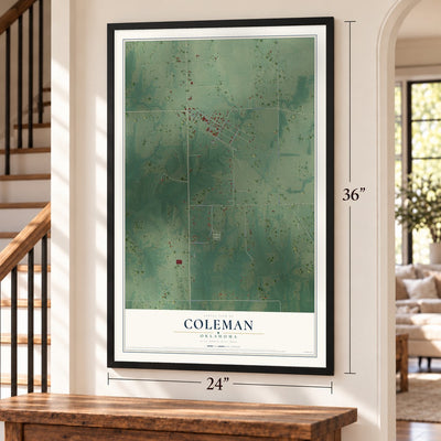 Coleman, Oklahoma map, 24 x 36 inch print in a black frame by a staircase