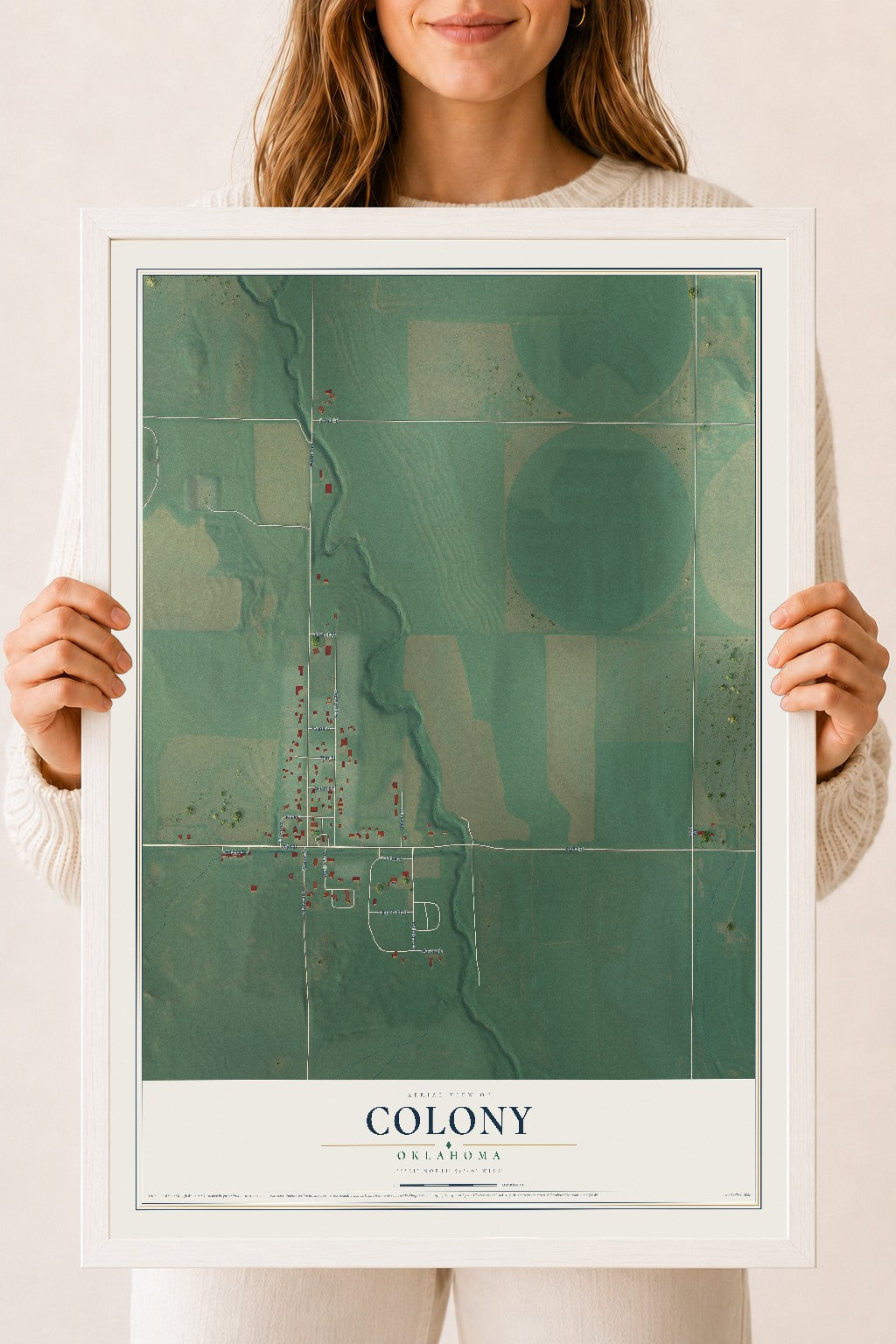 Map of Colony, Oklahoma, 18 x 24 inch print in a white wood frame