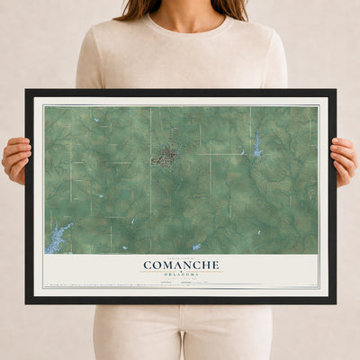 Map of Comanche, Oklahoma, 12 x 18 inch print in a black wood frame