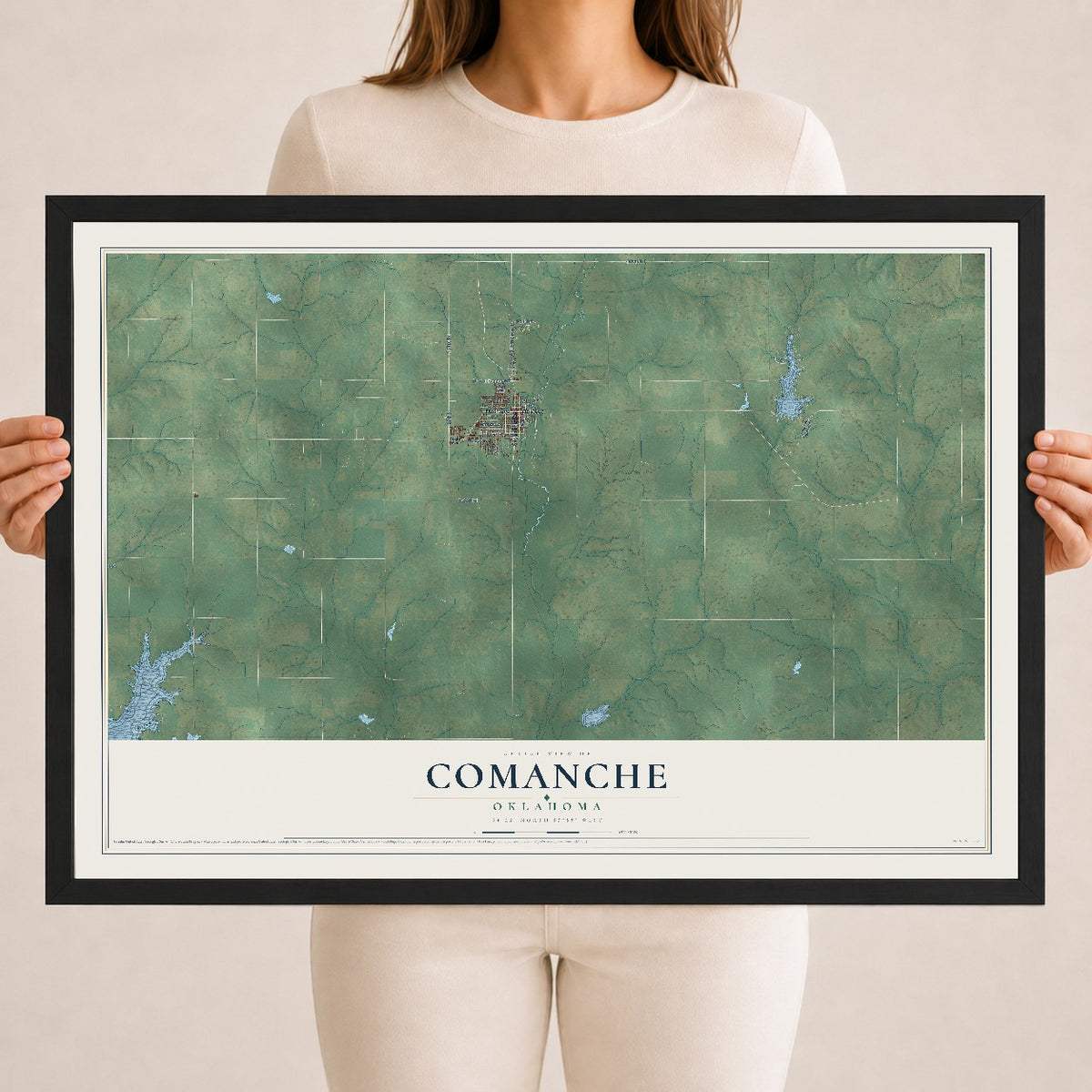 Map of Comanche, Oklahoma, 18 x 24 inch print in a black wood frame