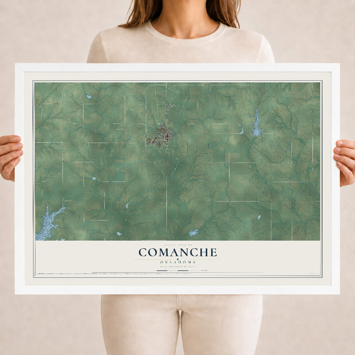 Map of Comanche, Oklahoma, 18 x 24 inch print in a white wood frame