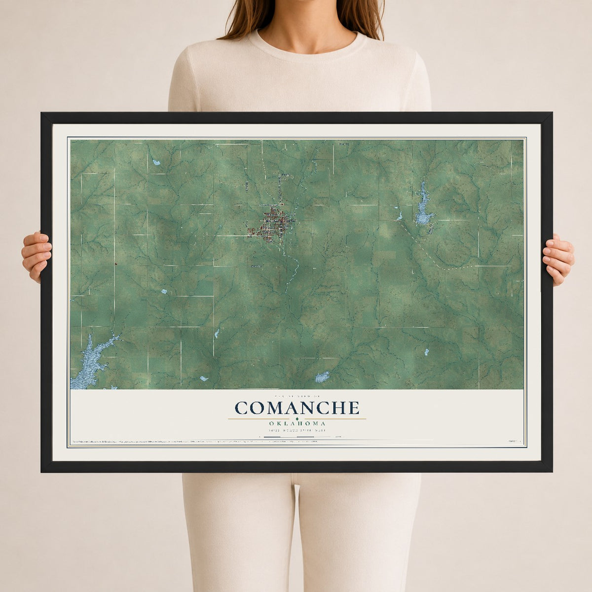 Map of Comanche, Oklahoma, 24 x 36 inch print in a black wood frame