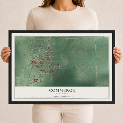 Map of Commerce, Oklahoma, 12 x 18 inch print in a black wood frame
