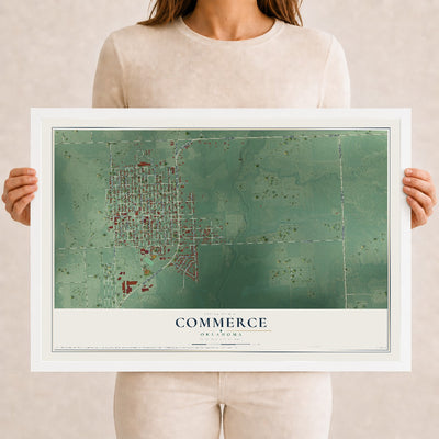 Map of Commerce, Oklahoma, 12 x 18 inch print in a white wood frame