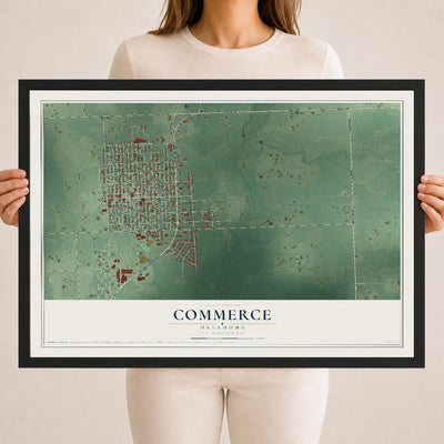 Map of Commerce, Oklahoma, 18 x 24 inch print in a black wood frame