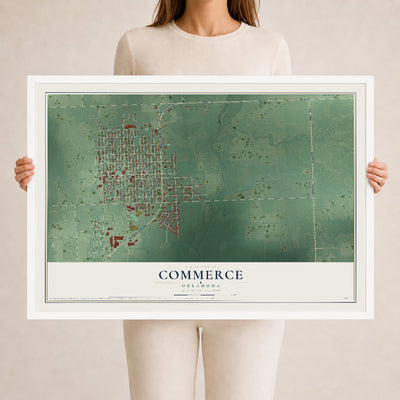 Map of Commerce, Oklahoma, 24 x 36 inch print in a white wood frame