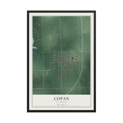 Map of Copan, Oklahoma, 12 x 18 inch print in a black wood frame