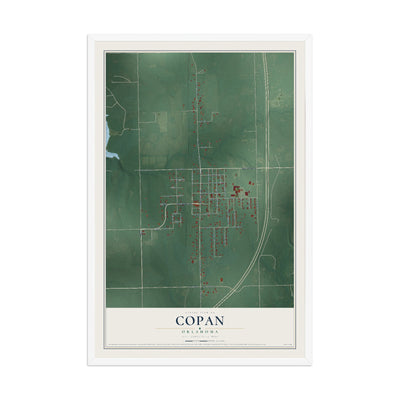Map of Copan, Oklahoma, 12 x 18 inch print in a white wood frame