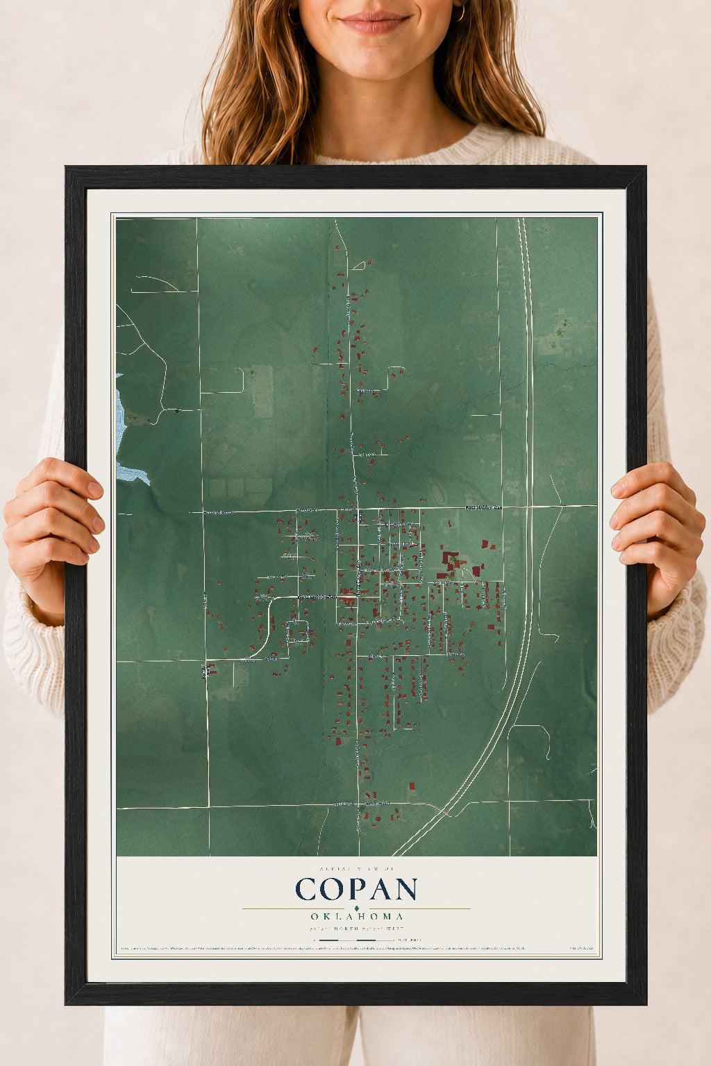 Map of Copan, Oklahoma, 18 x 24 inch print in a black wood frame