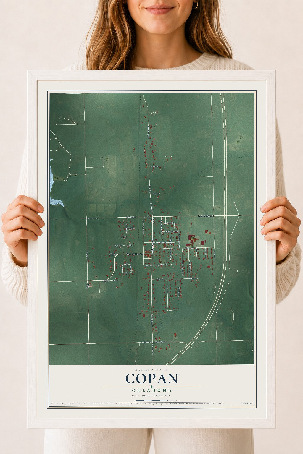 Map of Copan, Oklahoma, 18 x 24 inch print in a white wood frame