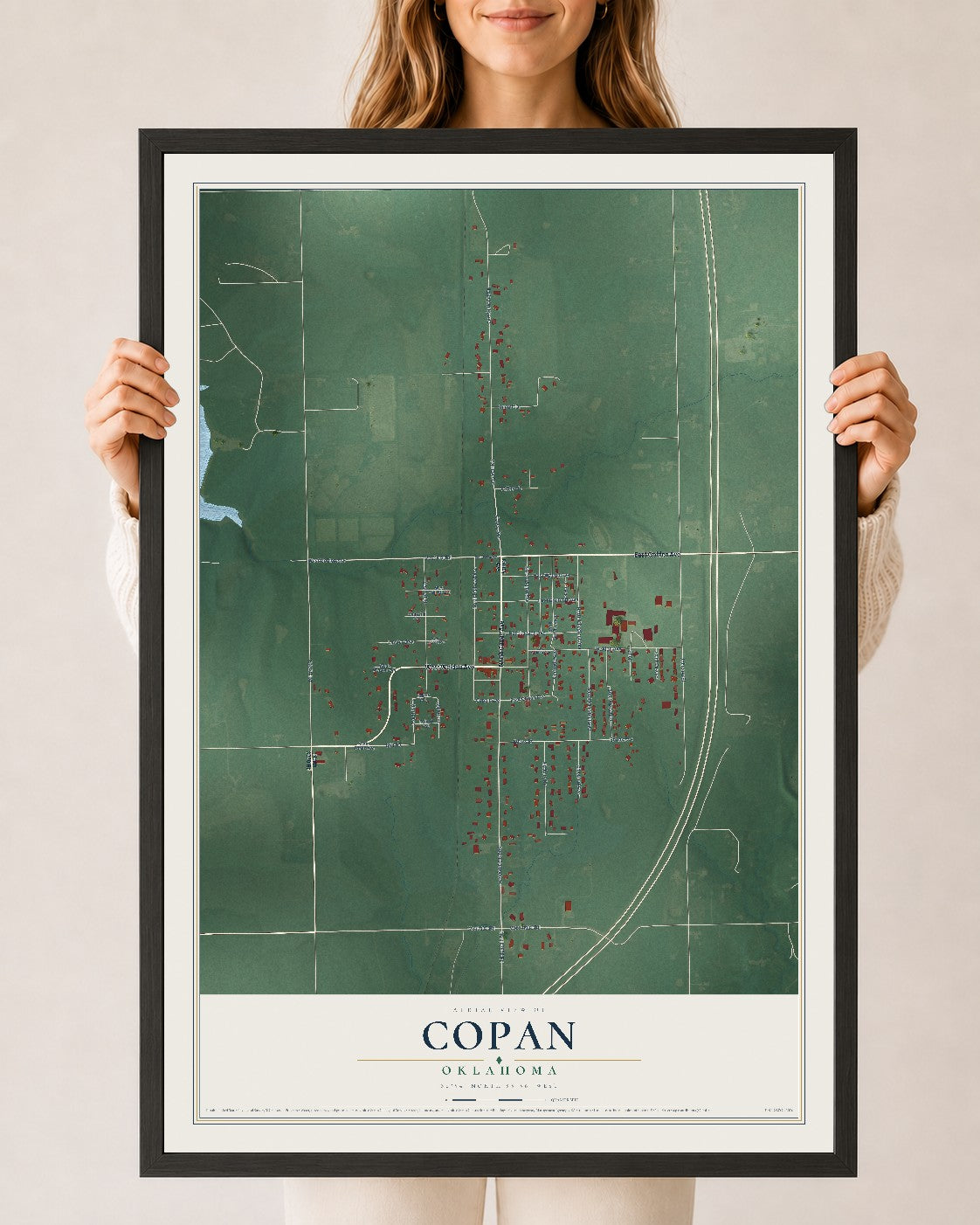 Map of Copan, Oklahoma, 24 x 36 inch print in a black wood frame