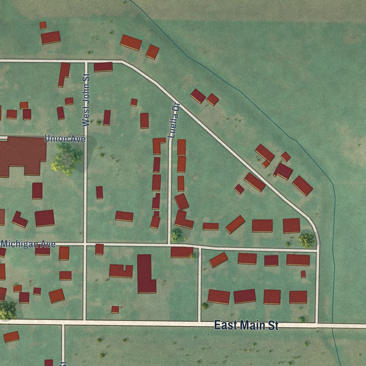 Second close-up of the map of Corn, Oklahoma print showing more streets and buildings