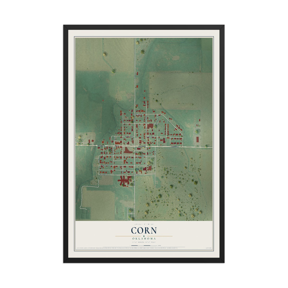 Map of Corn, Oklahoma, 12 x 18 inch print in a black wood frame