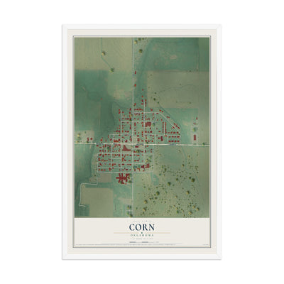 Map of Corn, Oklahoma, 12 x 18 inch print in a white wood frame