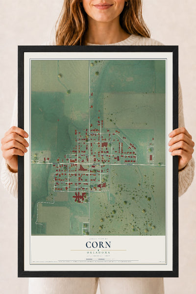 Map of Corn, Oklahoma, 18 x 24 inch print in a black wood frame