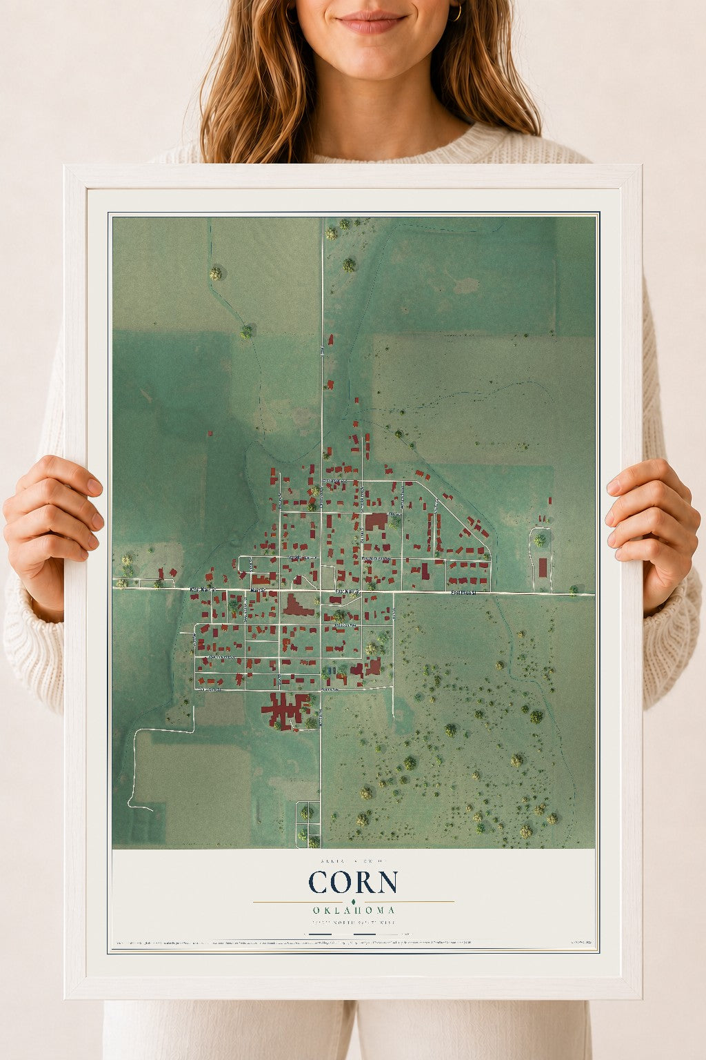Map of Corn, Oklahoma, 18 x 24 inch print in a white wood frame